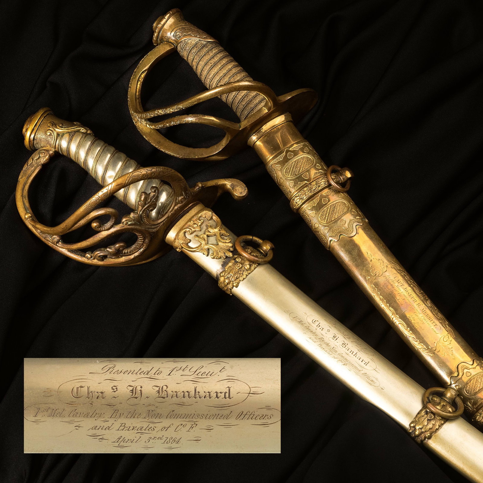 [CIVIL WAR] (2) 1st Maryland Cav. Presentation Swords w/ Battle Honors: Provenance: Frederick "Frank" Logan Collection A pair of fine swords presented to Joseph B. Merritt, Captain of Company A, 1st Maryland Cavalry, and Charles H. Bankard, 1st Lieu