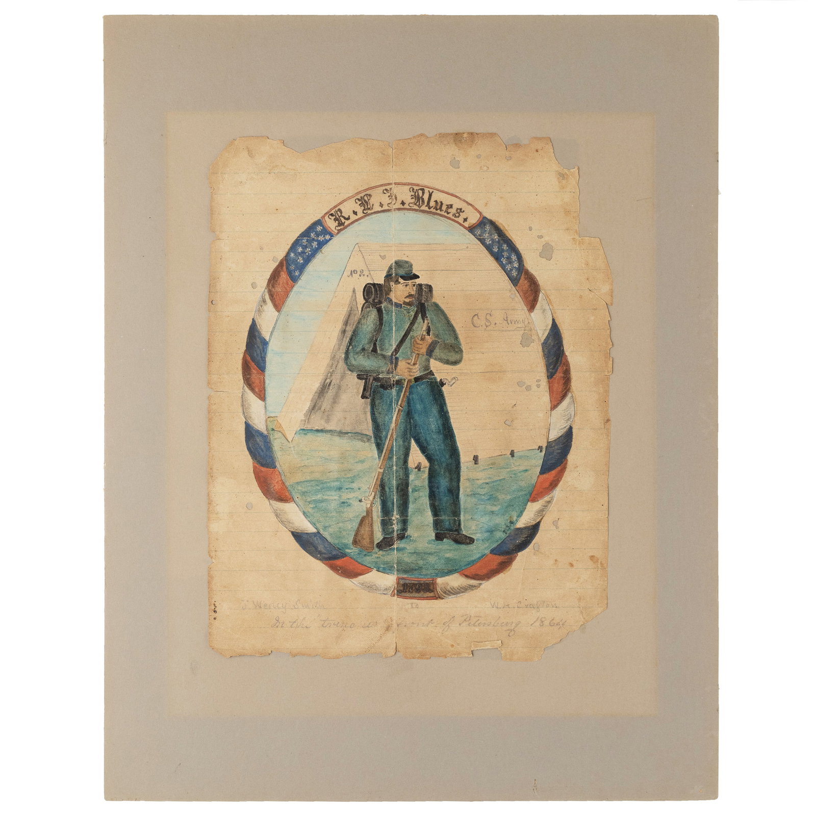 [CIVIL WAR] Confederate "Richmond Light Artillery" Watercolor: R.L.I. Blues. Ink and watercolor on lined paper, mounted to grey period cardstock. Petersburg, [Virginia], 1864. 7 1/4 x 9 1/4 in., mounted to 11 in. x 14 in. Contemporary pencil inscription