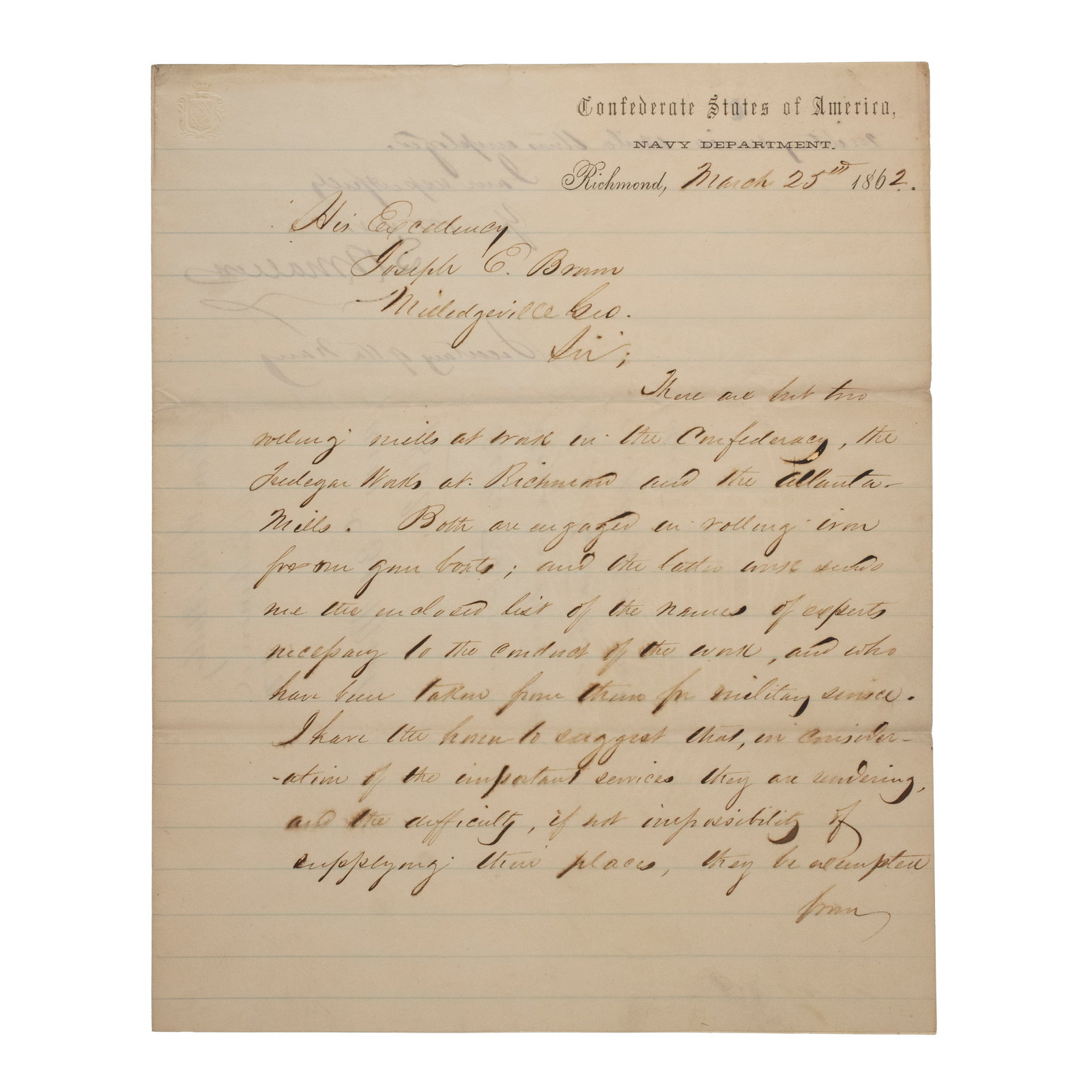 [CIVIL WAR, NAVY] CSA Navy Sec. to GA Gov. Joe Brown (1 of 3)