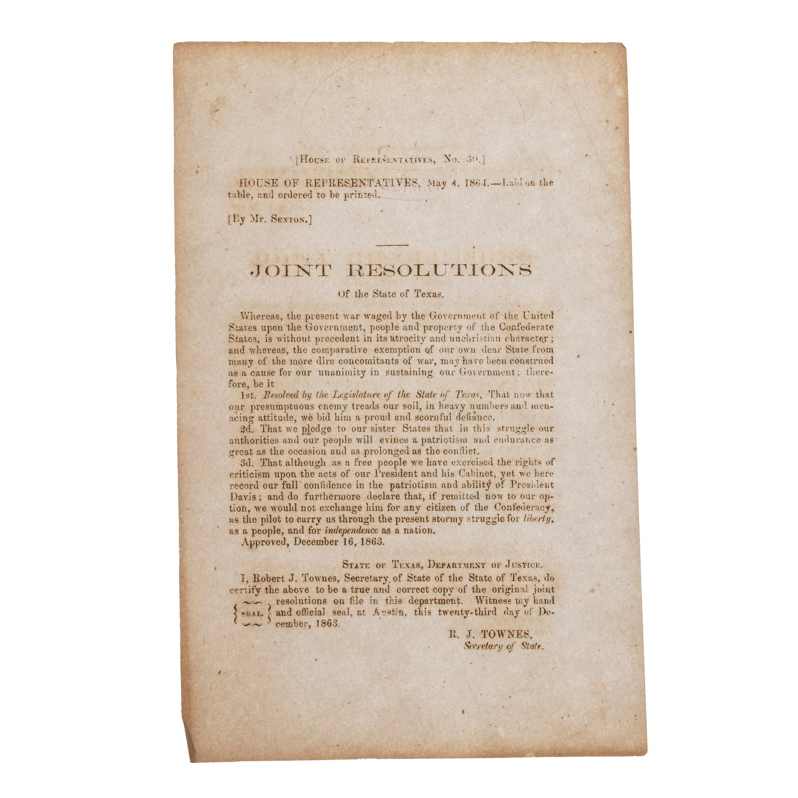 [CIVIL WAR - TEXAS] 1864 Repudiation of Red River Campaign (1 of 1)