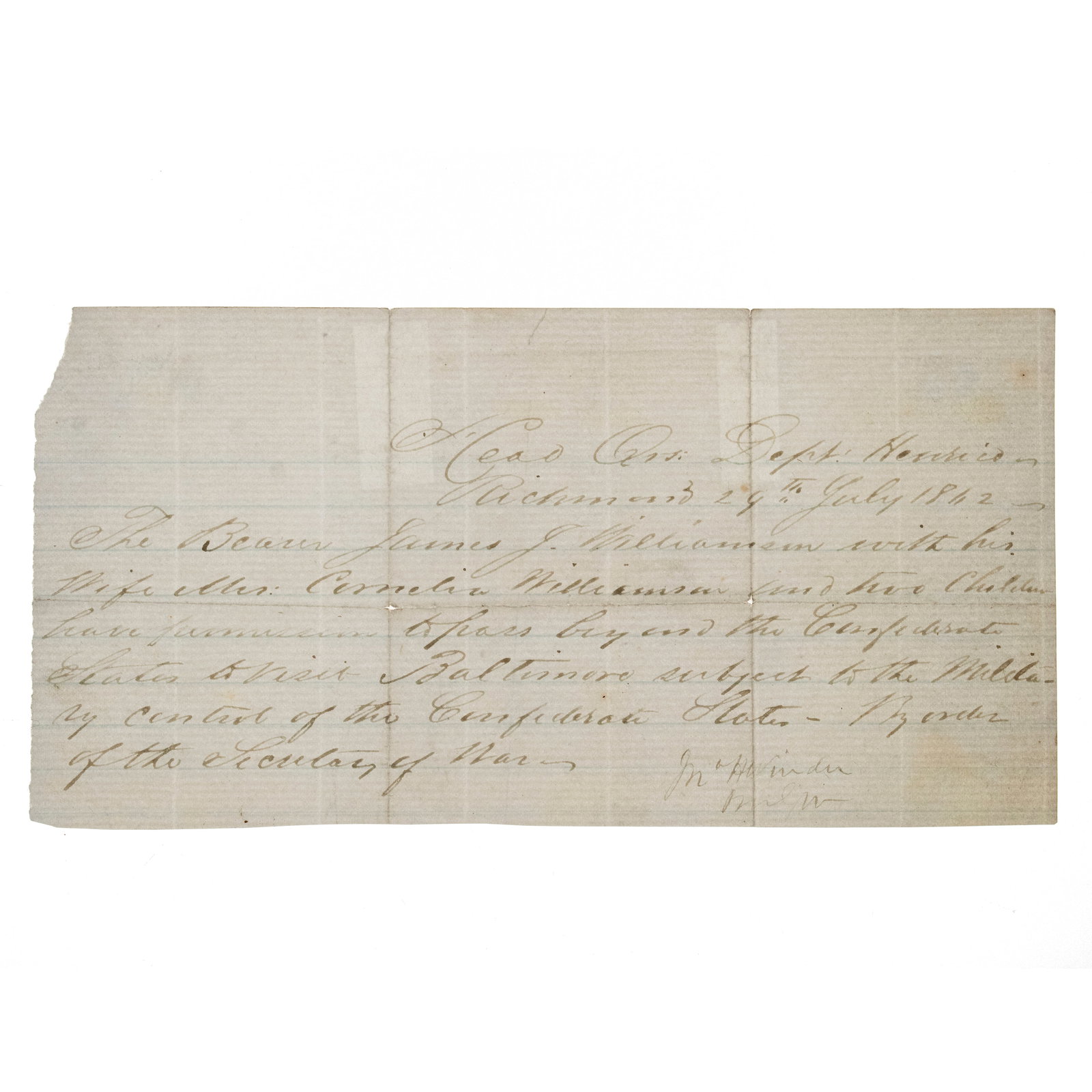 [CIVIL WAR] Confederate Pass for James J. Williamson & Family (1 of 1)