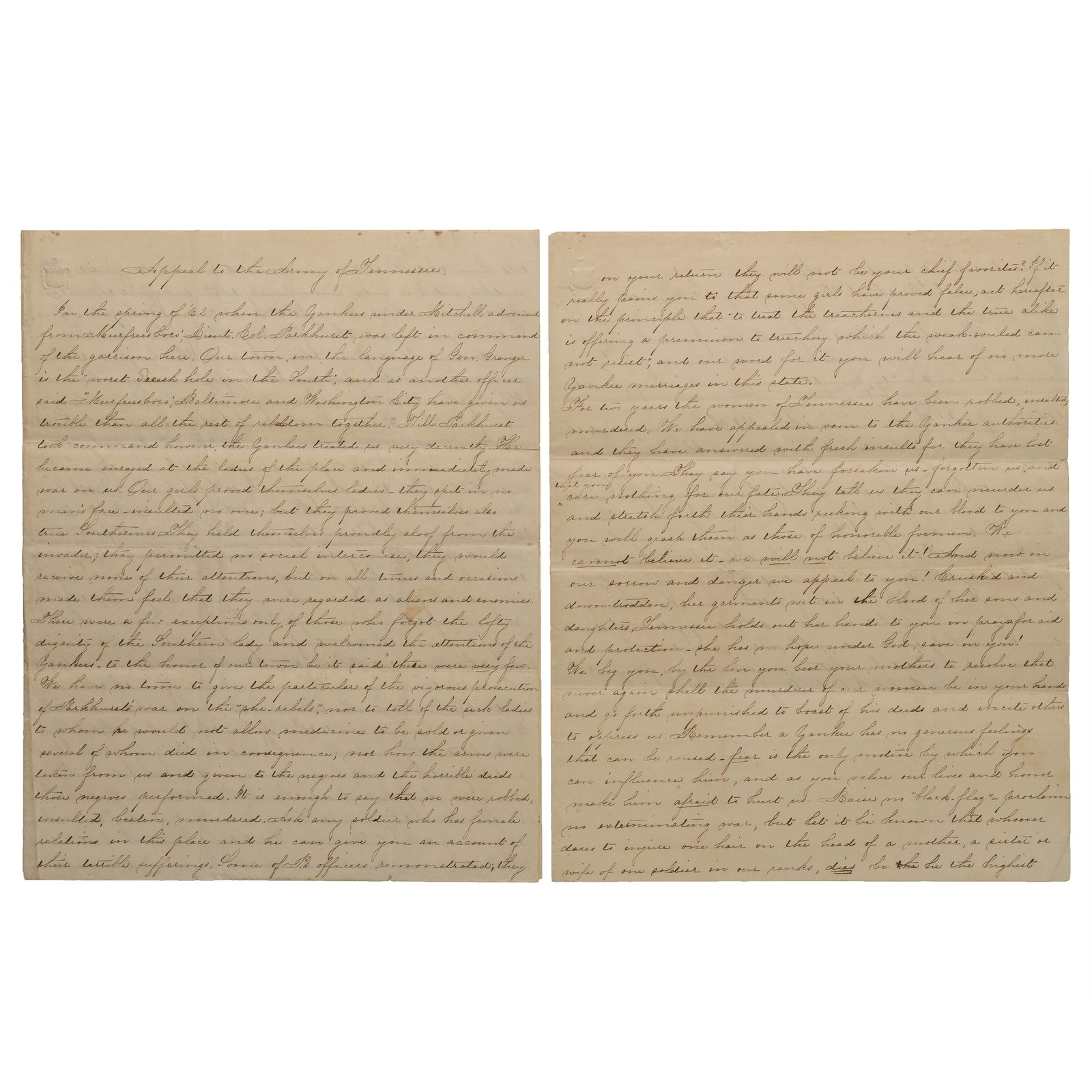 [CIVIL WAR] "Rebel Girls of Murfreesboro" 6 pp. Appeal to the Army of TN (1 of 6)