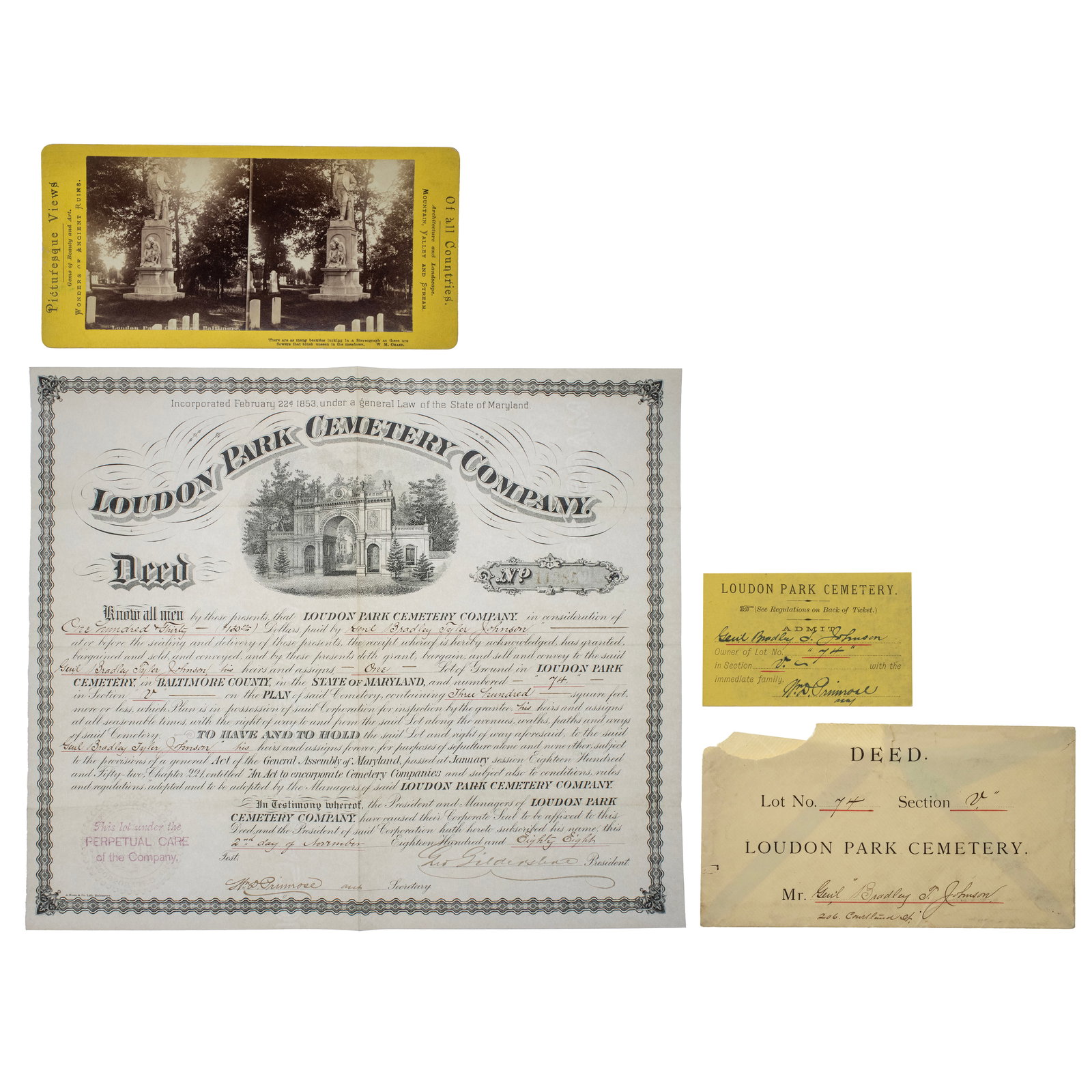 [CIVIL WAR] Gen. Bradley T. Johnson Funerary Collection: A collection of funerary documents related to Confederate General Bradley T. Johnson (1829-1903). Items include: 1. Partly engraved certificate completed in manuscript. Loudon