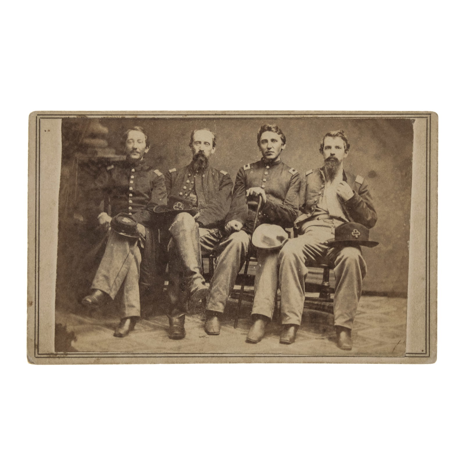 [CIVIL WAR] Pards in Command: Four Line Officers of the 2nd Army Corps, likely Delaware: Horizontal studio portrait albumen CDV. Photographed by "J. Jeanes, No. 415 Market Street, Wilmington, Del." [circa 1863-1865]. A collector's note on the back identifes the subjust at fa