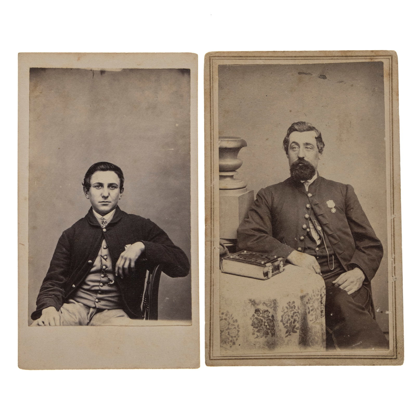 [GETTYSBURG] Echoes of Little Round Top: 2 CDVs assoc. w/ the 20th Maine: A lot consisting of two (2) original albumen CDVs of separate Union soldiers possessing archival associations with the 20th Maine. The first image depicts a young, clean-shaven soldier seated in a loo