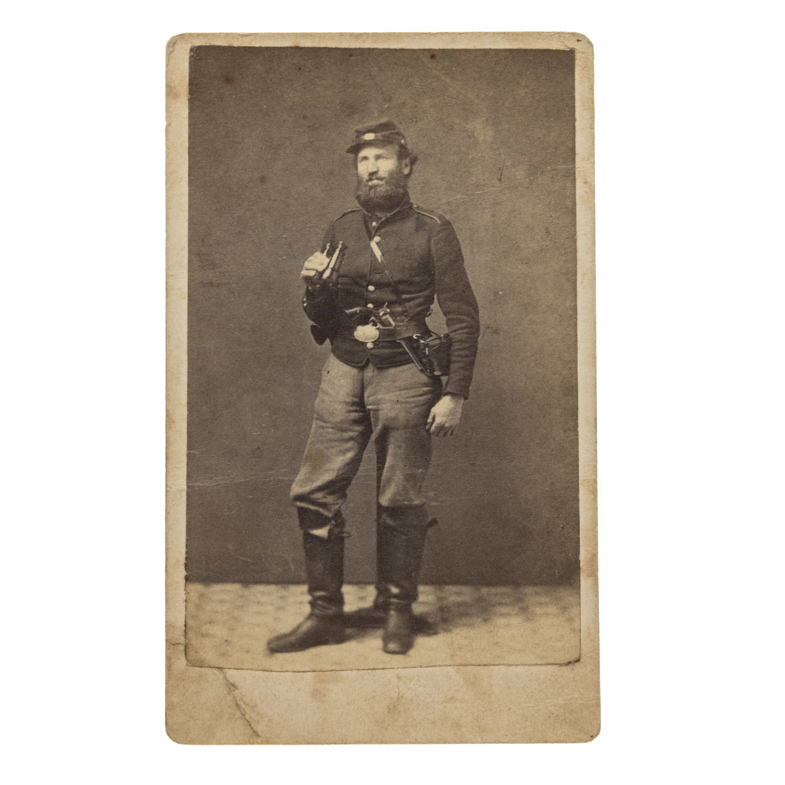 [CIVIL WAR] Rugged Field Portrait of Benjamin Hart, 24th NY Infantry, WIA, 2nd Bull Run: Full-length studio portrait albumen CDV. Upton's Hill, VA: Army Photograph and Ambrotype Gallery, [circa 1861-1862]. Photographer's imprint to mount verso. Research pencil identification to mo