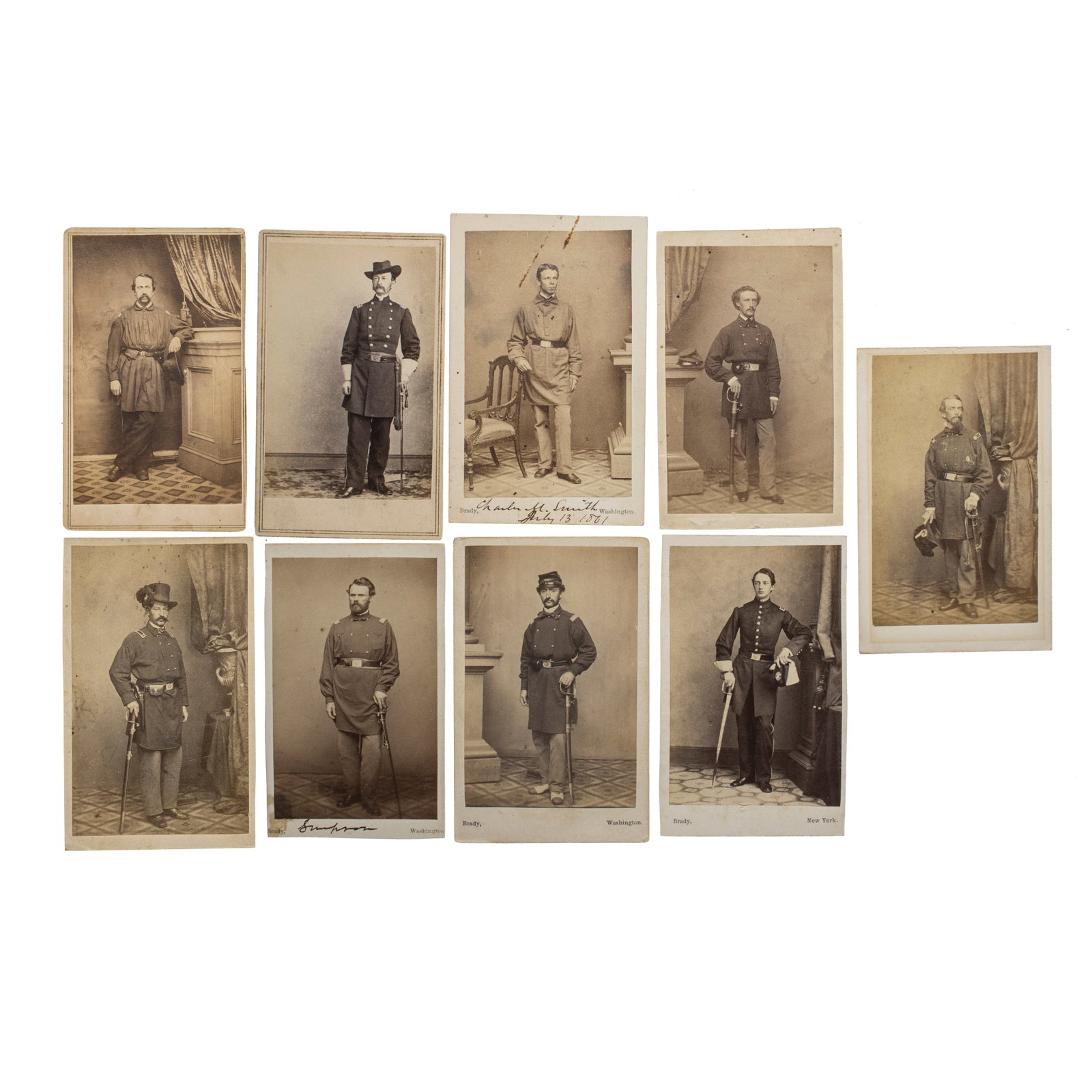 [CIVIL WAR] Sprague's Vanguard: Rare Identified 1st and 2nd Rhode Island Infantry Studio Portrait: This premier, historically significant 9-piece lot of CDVs forms a comprehensive collection entirely dedicated to the officers and men of Rhode Island's first volunteer regiments. The assembl
