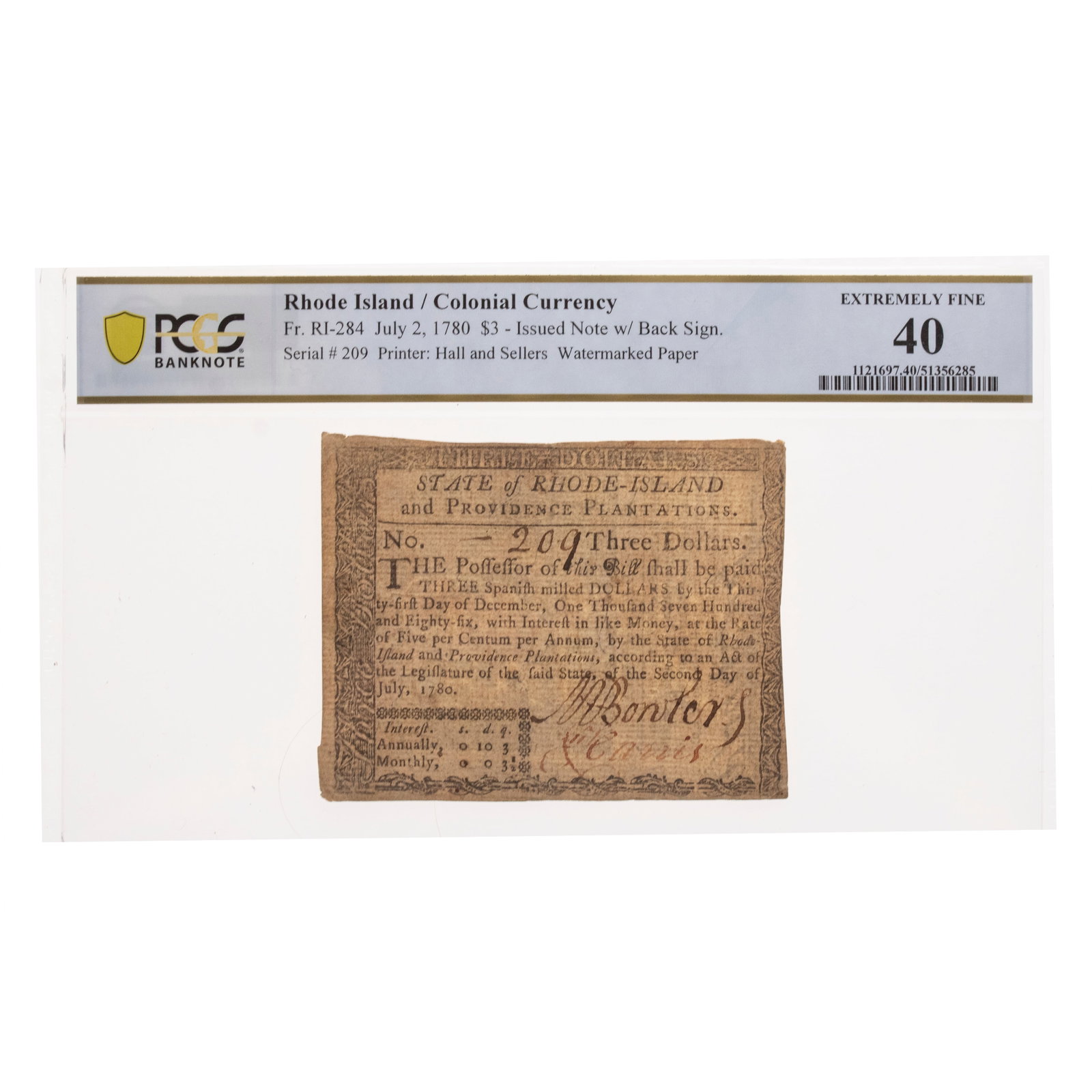 [COLONIAL CURRENCY] 2 July 1780 $3 Rhode Island Note RI-284 (1 of 2)