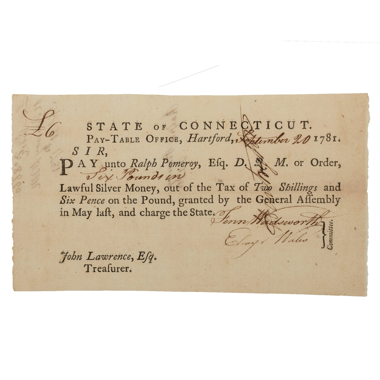[REVOLUTIONARY WAR] 1781 Gen. Jedediah Huntington Signed Pay Order (1 of 2)