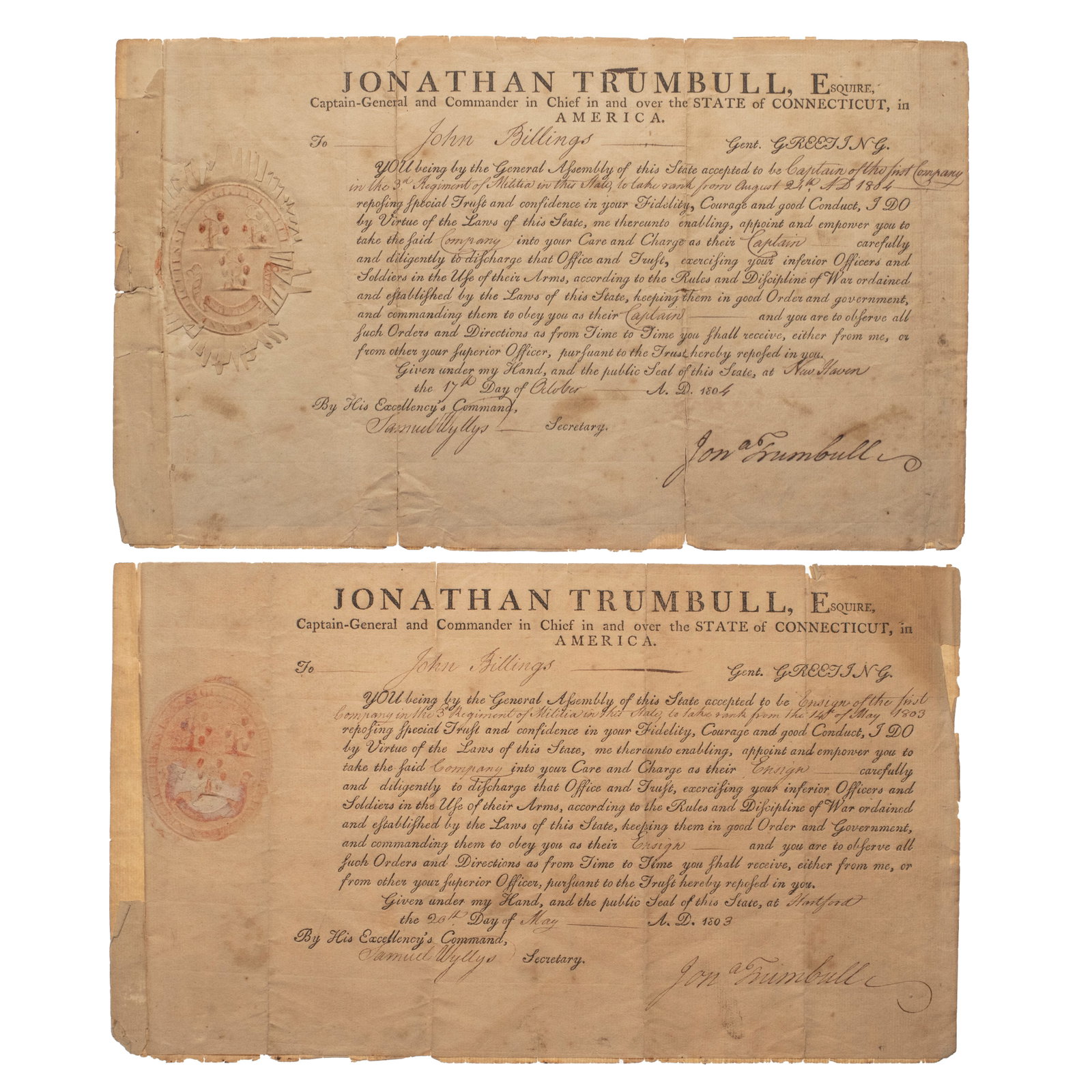 [MILITIA] (2) Jonathan Trumbull, Jr. Signed Commissions: A group of two (2) Connecticut military commissions both signed by Jonathan Trumbull, Jr. (1740-1809) as Governor of Connecticut and appointing John Billings to the state militia. The first, a