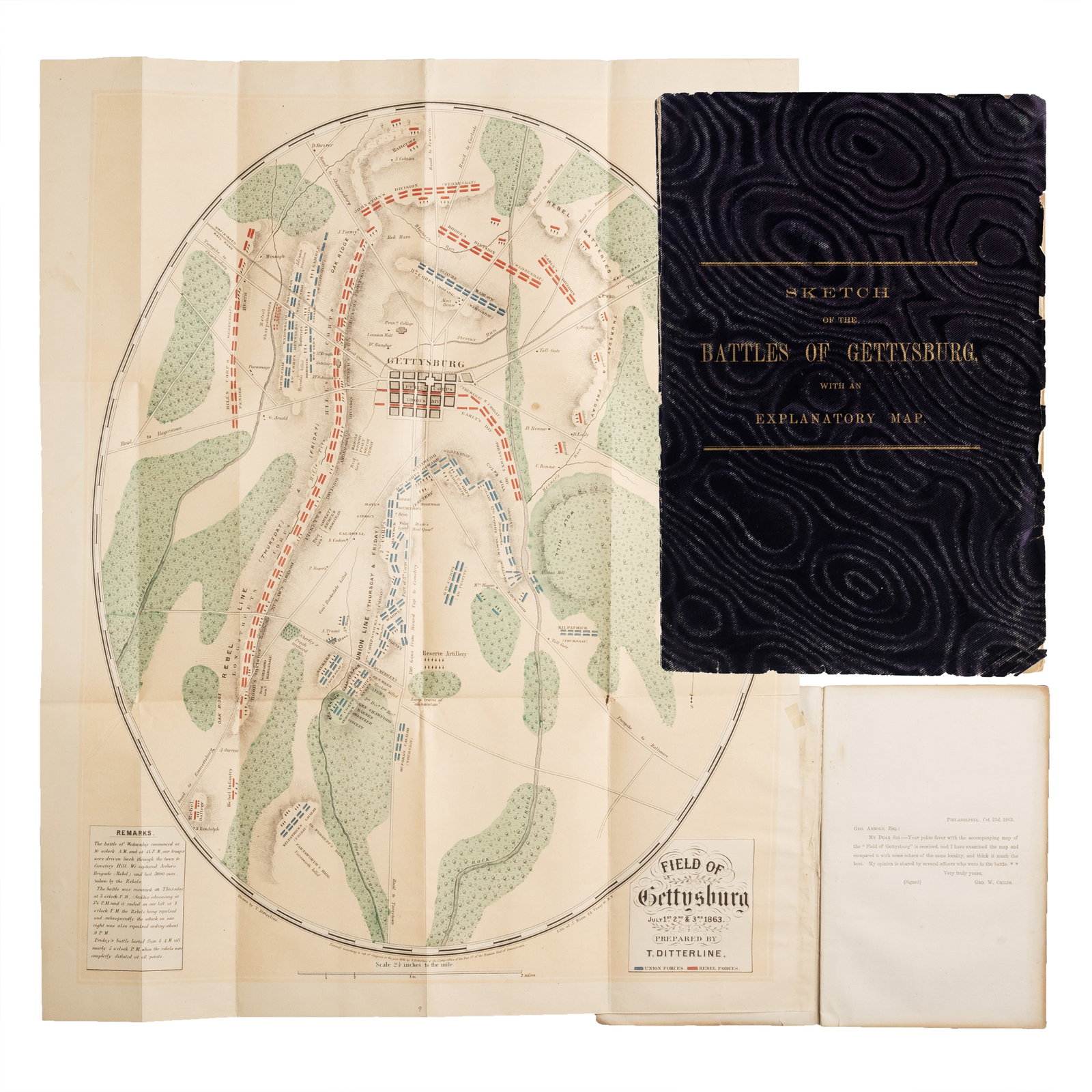 [CIVIL WAR] "Sketch of the Battles of Gettysburg" w/ Important Map: Theodore Ditterline (1816-1883). Sketch of the Battles of Gettysburg July 1st, 2d, and 3d, 1863. New York: C. A. Alvord, 1864. 12mo. Color lithograph folding map "Field of Gettysburg" prepar