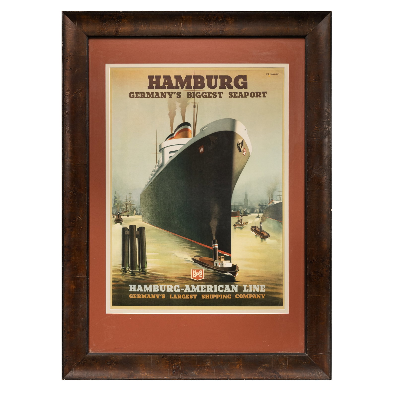 [FINE ART, POSTERS] ca 1930s "Hamburg German's Biggest Seaport": Paul Theodore Etbauer (1892-1975) Hamburg Germany's Biggest Seaport Lithograph Hamburg-America Line (HAPAG) ca 1930s Approx. 24 1/2 x 34 1/4 in. visible, matted and framed to 37 1/2 x 51 1/2