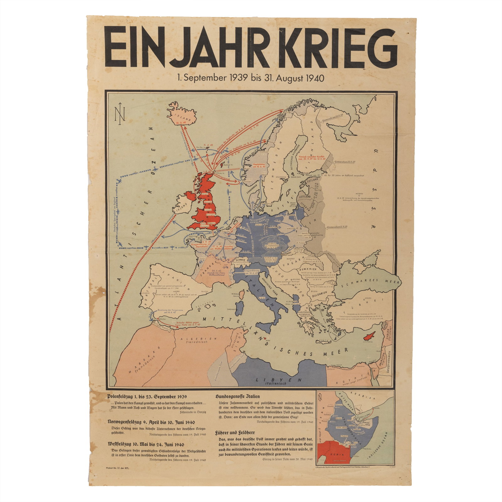 [WWII, PROPAGANDA] 1940 "First Year of War" Nazi Map Poster (1 of 1)