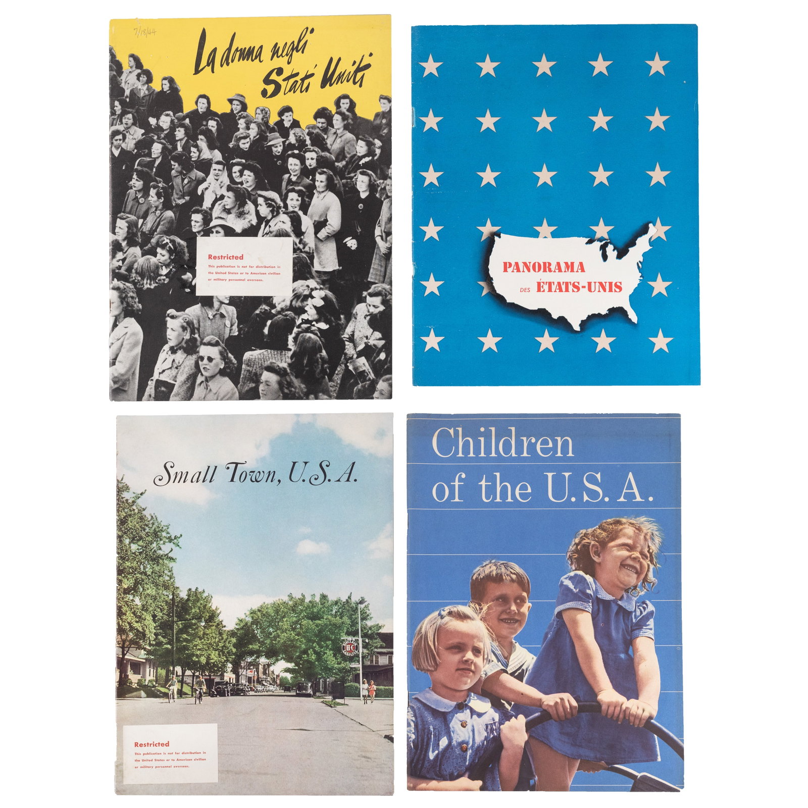 [WORLD WAR II] (9) Pro-USA Propaganda Booklets: A group of nine (9) propaganda booklets, of four titles, produced by the United States Government for their Allies to educate them on the population and daily life of American citizens. All approx. 8 