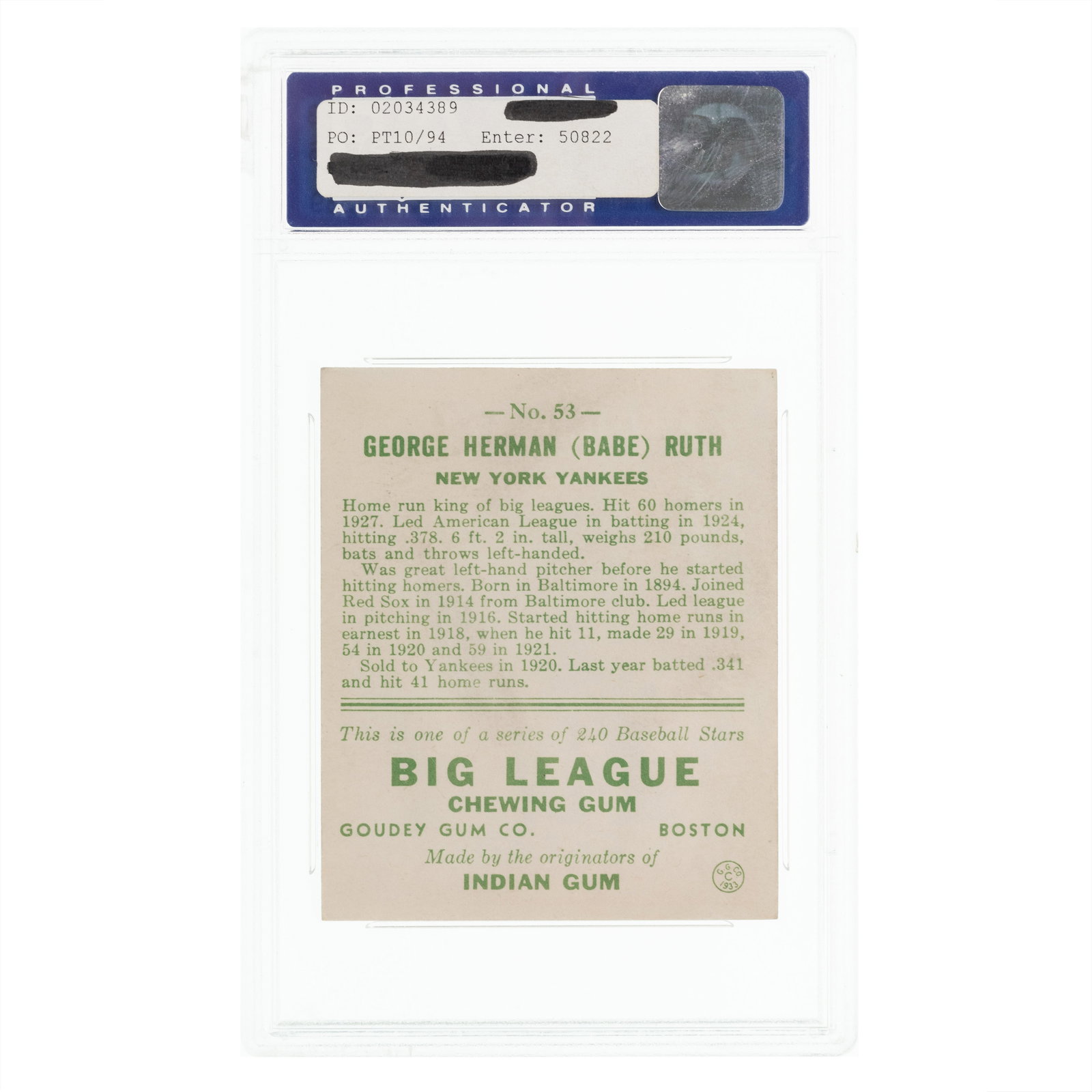 [BASEBALL CARDS] 1933 Goudey Babe Ruth, PSA 6 EX-MT - 2