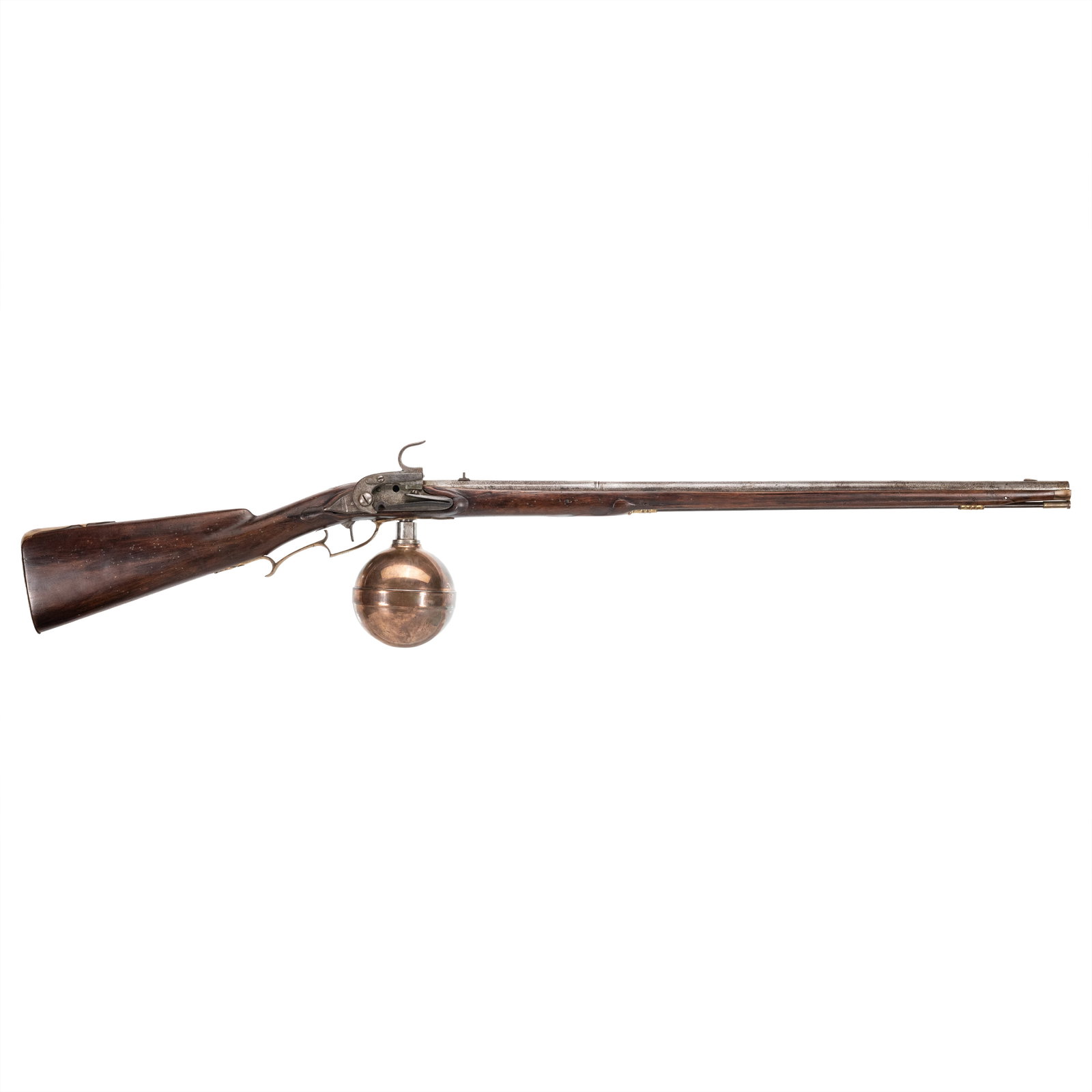 [ANTIQUE AIR RIFLE] English Style Ball Reservoir Airgun: 20 Bore (about .42 caliber). 28.25" two stage octagon to round barrel. NSN. Bright finish, brass furniture, carved walnut stock with raised cheek piece and horn forend cap. Single shot smoothbore