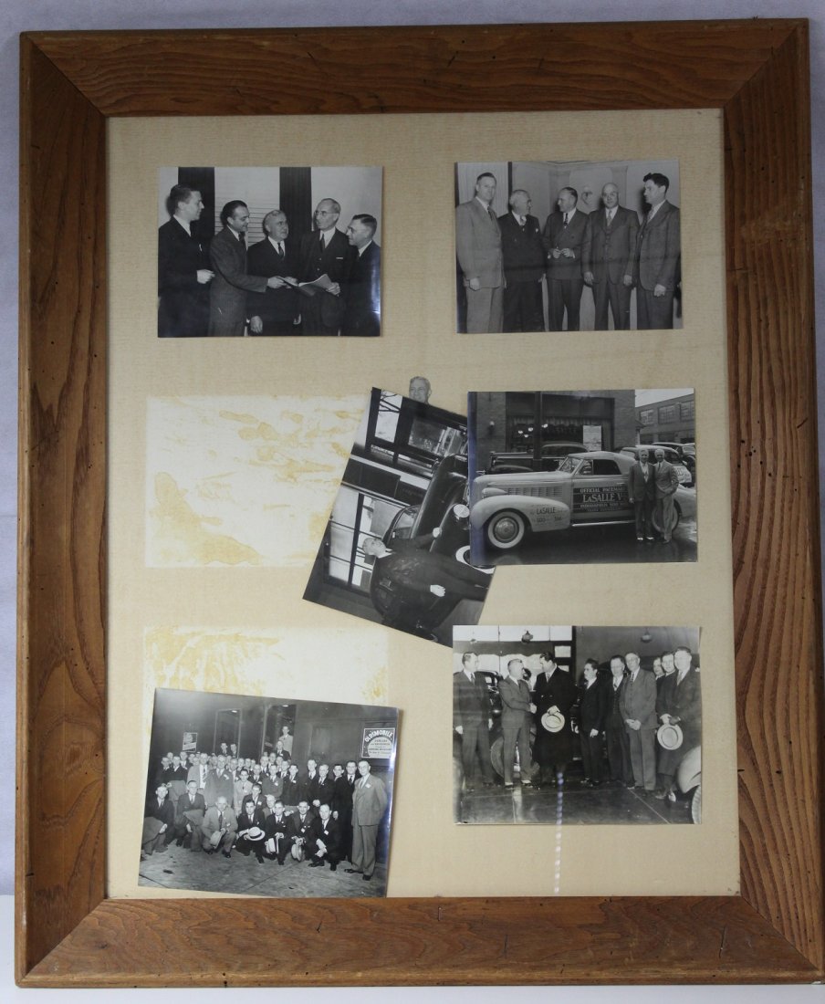 1937 LaSalle Indianapolis 500 Pace Car photo collection: Framed photo collection related to the 1915 winner of the Indianapolis 500, Ralph DePalma and the 1937 LaSalle Pace car. Alloriginal photos. One has loosened from the backing. Original frame. 30x36