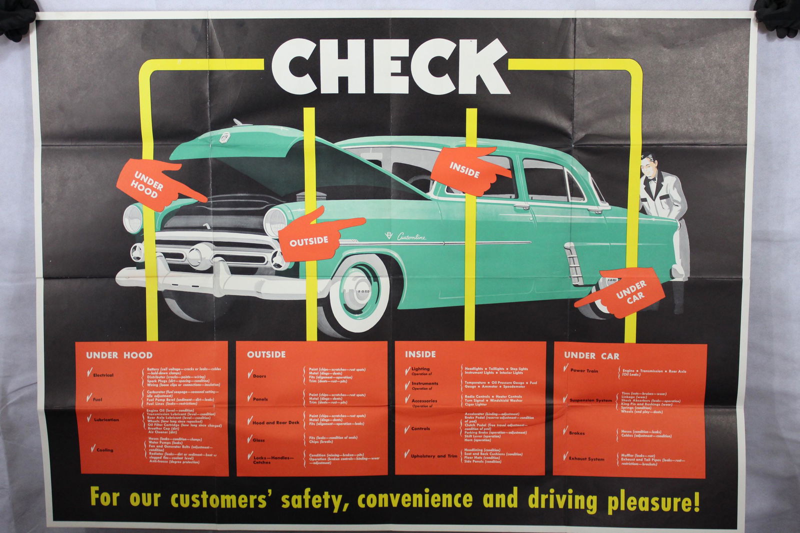 Ford 1950's Customline CHECK Poster: Rare 1950's Ford Check poster. Aproximately 36x48. Original.