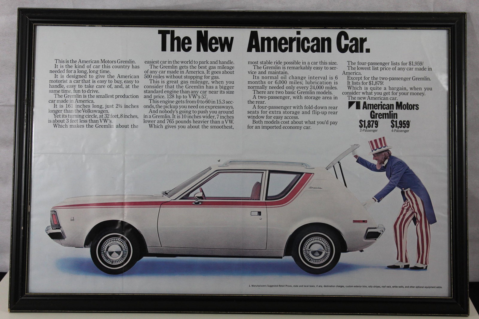 Rare 1970 AMC Gremlin Uncle Sam POSTER: This is not a magazine ad (rare in its own right). This is the full-size dealer promo poster which is virtually impossible to find. In Vintage Dealership frame. 37x25