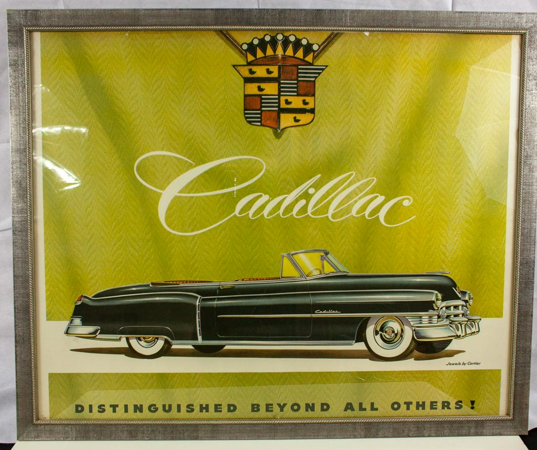 1950 Cadillac Poster RARE "Distinguished Beyond All: Very rare Cir. 1950 Cadillac poster. Noted as "Jewels by Cartier". Framed and in excellent condition. 41x33.5in.