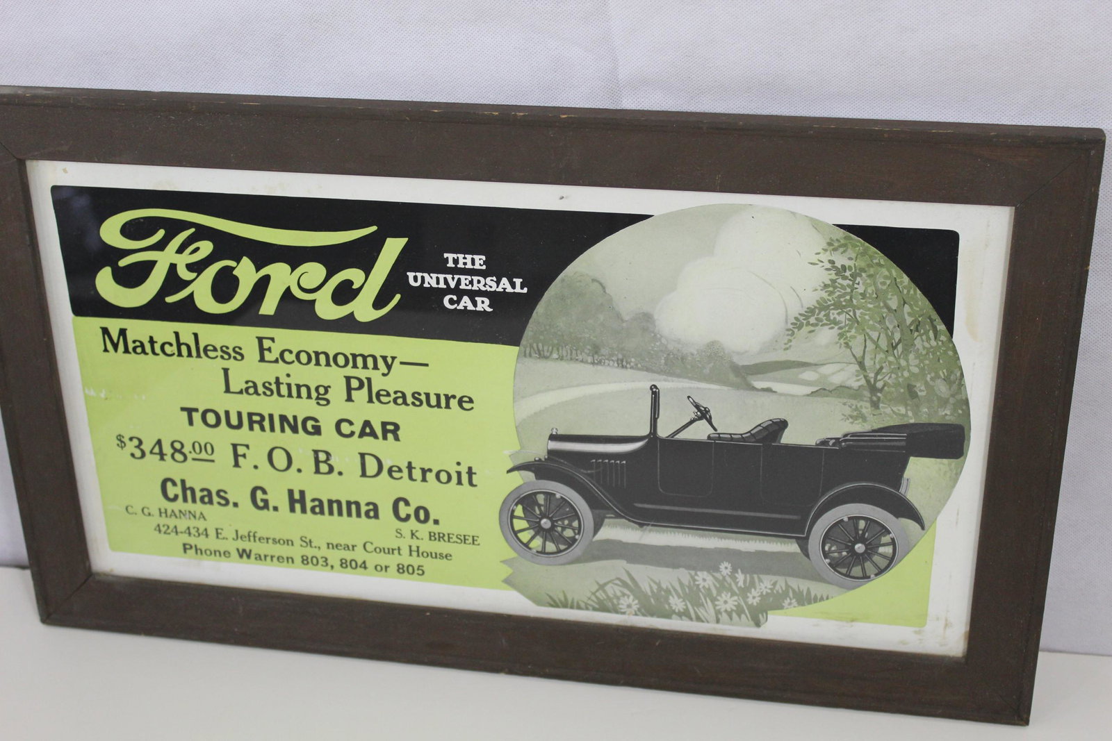 1920's Ford Auto Poster: Vintage original 1920's Ford Dealership sales poster. Aproximately 14x24. In older frame.