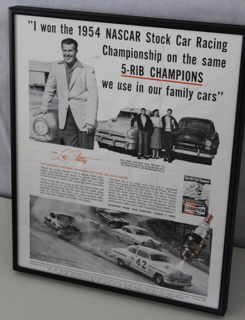 1955 Champion Spark Plug Sales Poster with Lee Petty: Repair shop poster. 11x14 in vintage frame.