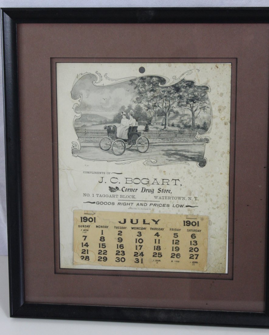 1901 Auto Horseless carriage. Advertisement: 1901 Calendar showing horseless carriage. 14x16 framed