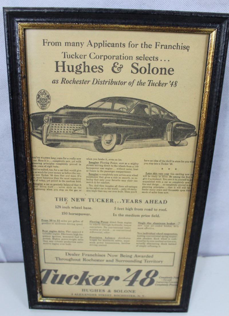 1948 Tucker Auto Ad: Original Advertisement soliciting Tucker dealerships. In original frame. Rare. 9x15