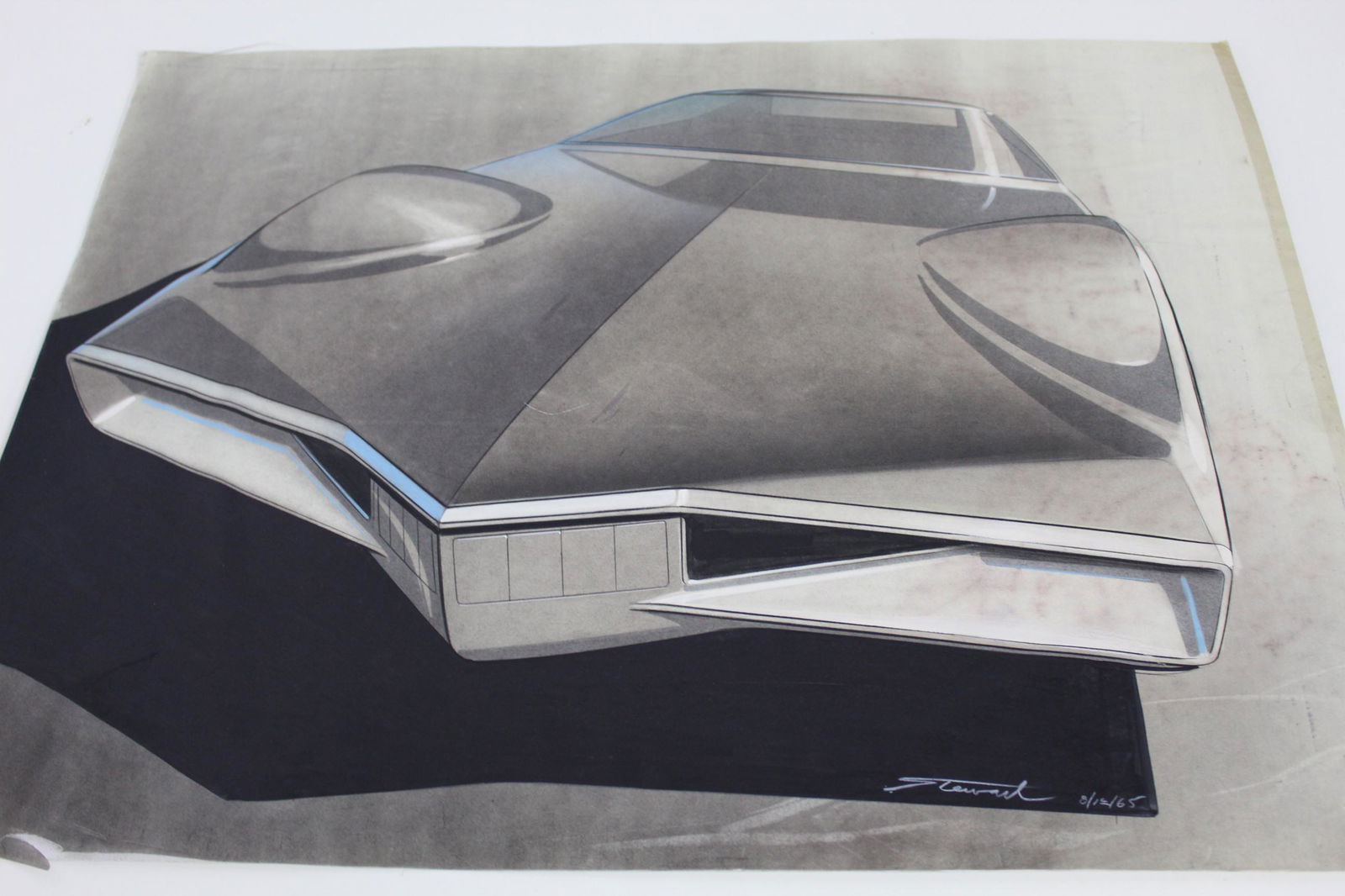 Concept Car Art 1965 by Stewart: Original Concept car drawing. Large scale. 26.5x20 Conceptual rendering. Signed by "Stewart, 8/12/65". Artist: Charles H. Stewart. Marker on vellum.
