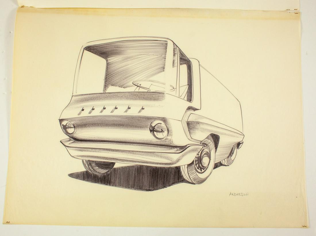1962 Auto Art Styaling Proposal Portfolio Signed: Portfolio design submission for the Hustler Compact Van. Submitted by Artsit George Anderson. The portfolio contains ten proposals in total. All are signed: "Anderson" 17.5x23.5 Colored pencil and mar