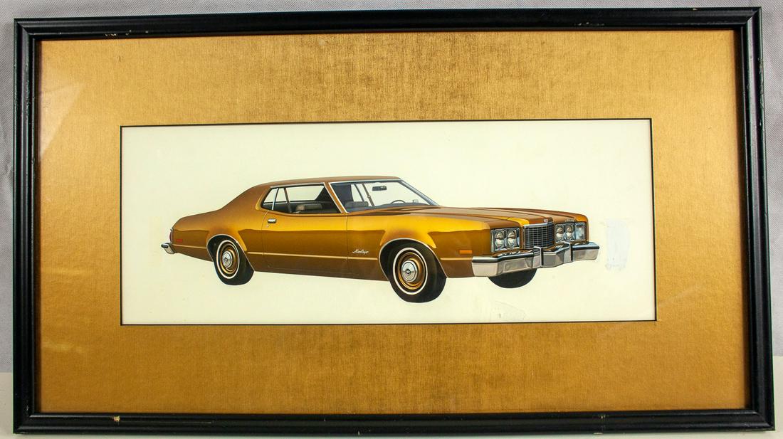 Auto Styling Concept Art 1975 Mercury: Attributed to Don Pacitti. Watercolor on illustration board. 7.5x20. Mercury Montego Coup