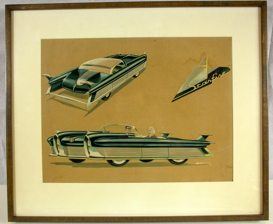 1952 Packard Conceptual Rendering. Hosted on Cars: 13.5x18. Signed by Richard Arbib. Gouache and pencil on paper. Packard Starfire Convertible. Was on the cover of Cars Magazine in 1952. See link for details: http://moaaad.org/catalog_cat1.php?pageNum