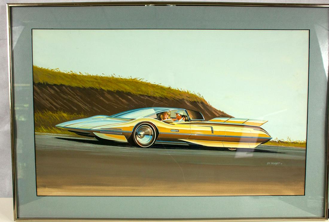 Auto Styling Art - 1977 Robert A. Cadaret - General: Signed Robert A. Cadaret, 1977". Futuristic conceptual art rendering. Gouache on illustration board. 18x29.5.