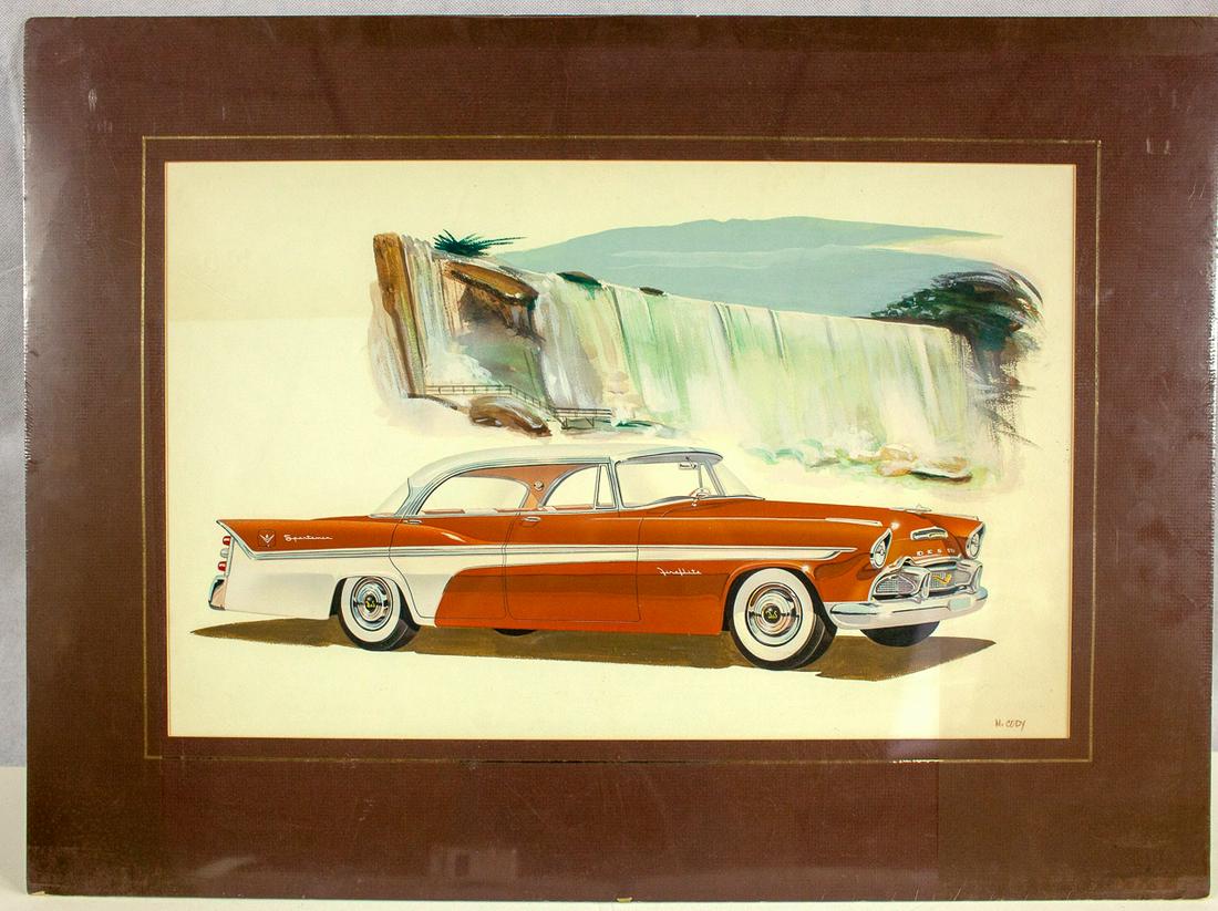 1956 Advertising Illustration Art. Signed by Michael: 14x22. Gouache and watercolor on illustration board. 1956 Desoto Fireflite Sportsman 4-door Hardtop. Signed "M. Cody".