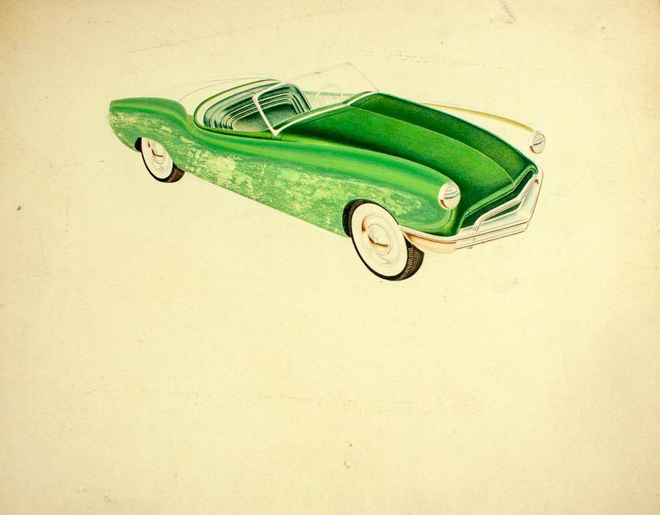 1950 Ford Concept Art: Incomplete rendering. 6x12. Gouache on board. Circa 1950.