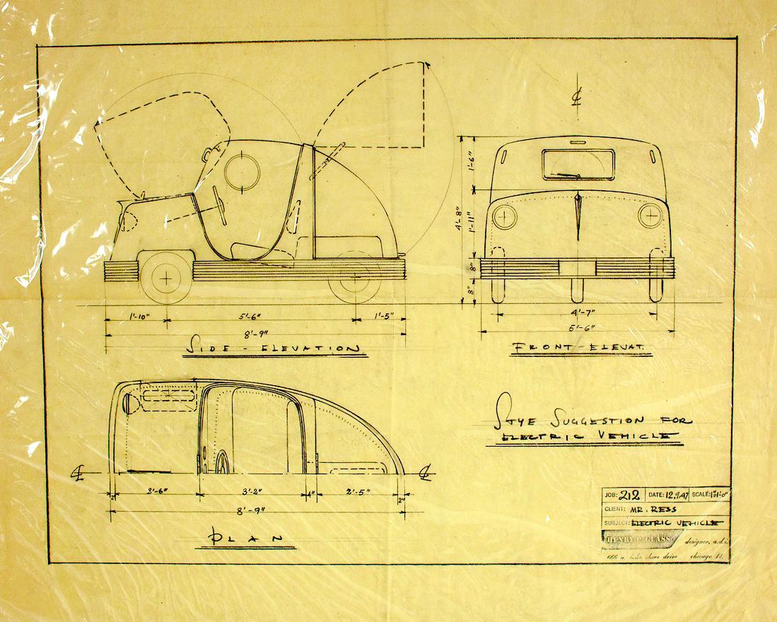 1947 Auto Styling Proposal Electric Car: 19x23.5. By artist Henry P. Glass. Dated 12/9/47. Pencil on Vellum. Style Suggestion for Electric Vehicle, Client Mr. Ress, Chicago, Illinois
