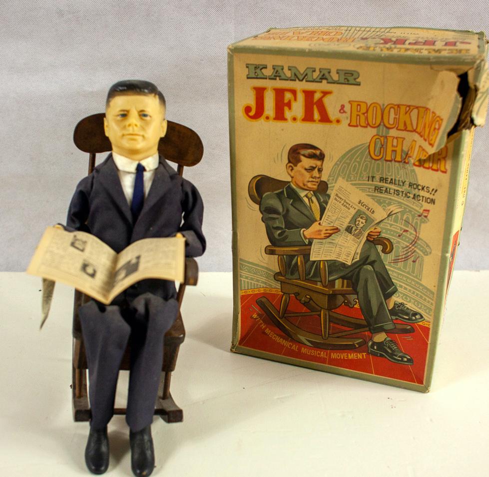 1960's Rare JFK Rocking Chair Wind Toy: Dusty with damage to box, but complete. Did not attempt to wind or test