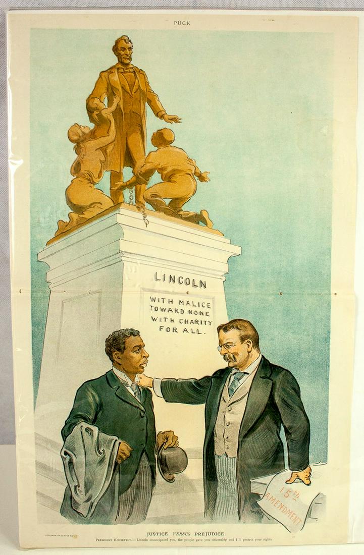 Teddy Roosevely Puck Lithograph - 15th Amendment: Interesting Lithograph titled 'Justice Versus Prejudice". Large News foldout. Original
