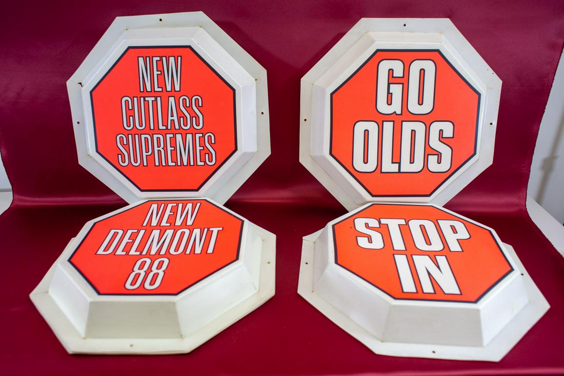 70's- 80's Oldsmobile Dealer Signs: 8 Octagonal Oldsmobile 3D signs. Sold as is shown. 21x21
