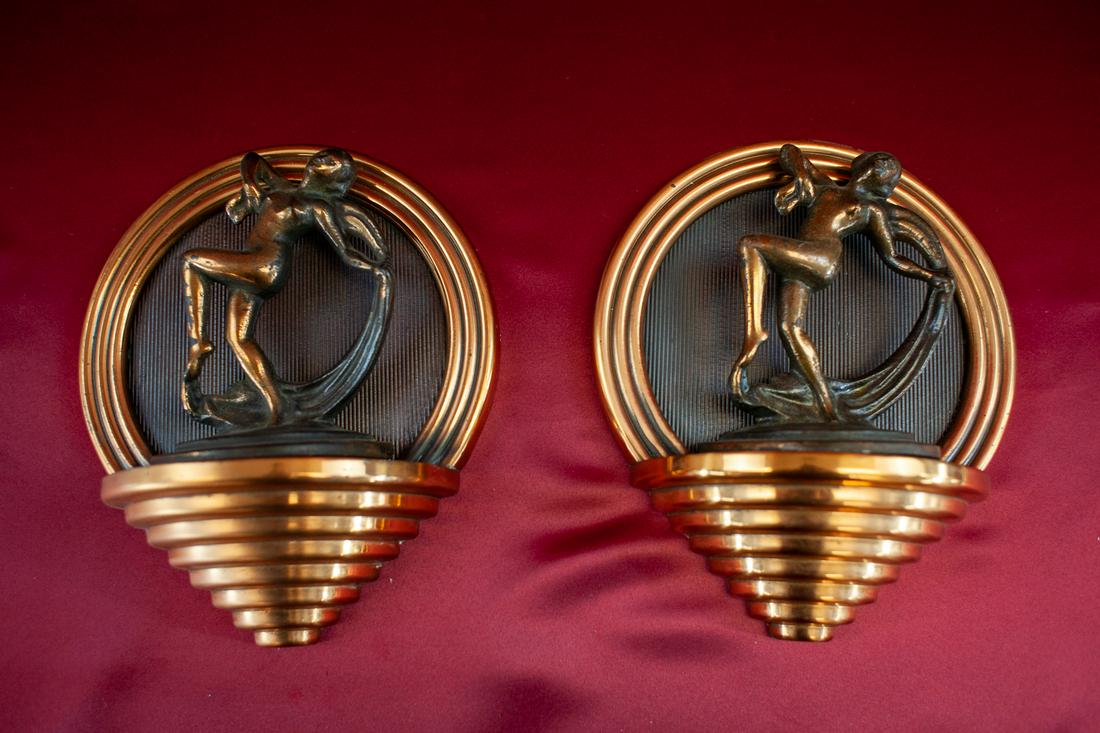1920's Deco Bronze Sconce and Statuette Set: 2 Each Bronze Sconces and Statuettes 8" tall