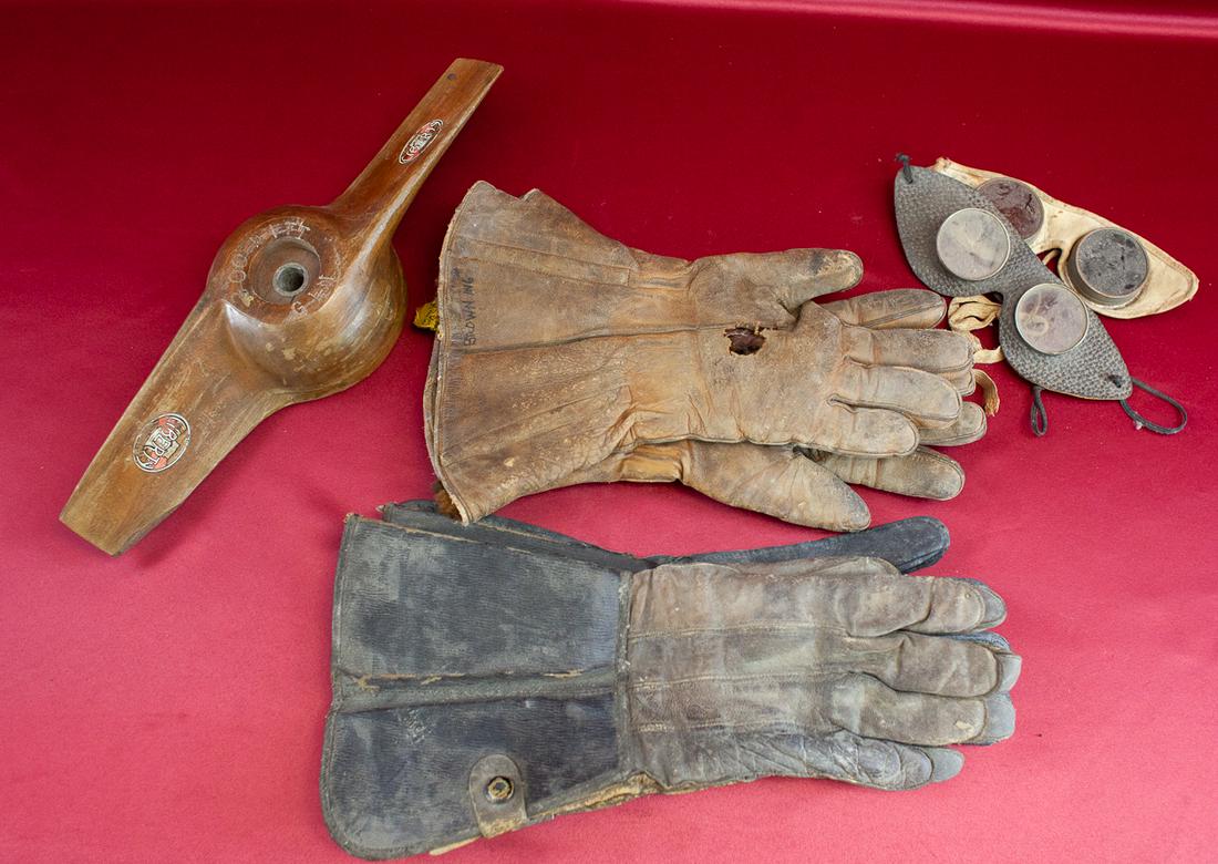1900's - 1920's Aviation Parts and Accessories: Vitntage Gloves, Goggles and rare Wooden Hartzell Liberty 300W Generator Propeller As Shown.