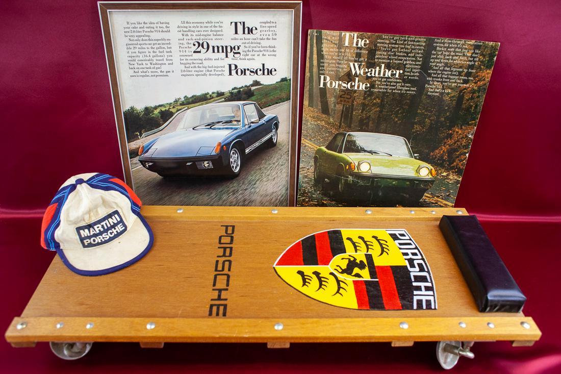 Assorted Porsche: Creeper, Hat, and Vintage Ads (16x18.5 17x21) As Shown.