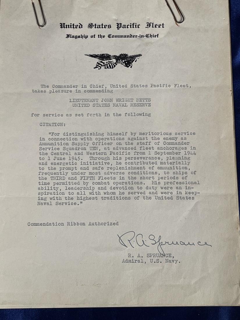 WWII Naval Citation Signed by Admiral Raymond Spruance (1 of 1)
