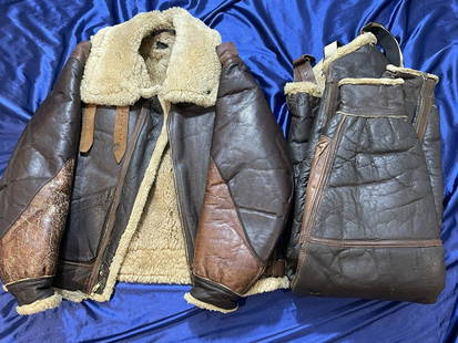 WWII Army Air Corps B-3 Flight Jacket and A-3 Flight Pants: Incredible matching B-3 / A-3 Set. The B-3 is in excellent condition with only a small section of the zipper showing damage. The leather is still pliable, and the shearling is intact. The leather A-3