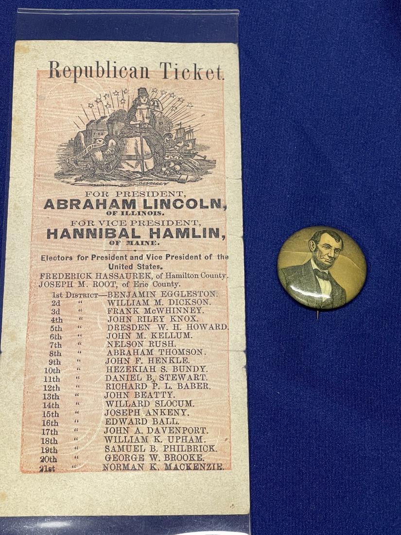 Abraham Lincoln: 1864 Ohio Ballot. Nice 3" x 6 3/4" ballot for the "Republican Ticket" in 1864, and (1 of 2)