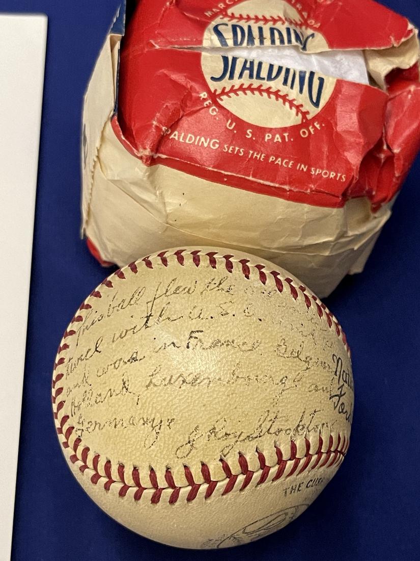 WWII Well-Traveled USO Related Baseball - Inscribed J. Roy Stockton: Of both baseball and WWII interest. Inscribed, "Baseball flew theâ€¦ twice with the USO and was in France, Belgium, Holland, Luxembourgh, and Germany. J. Roy Stockton". Official 1930's-40's Nation