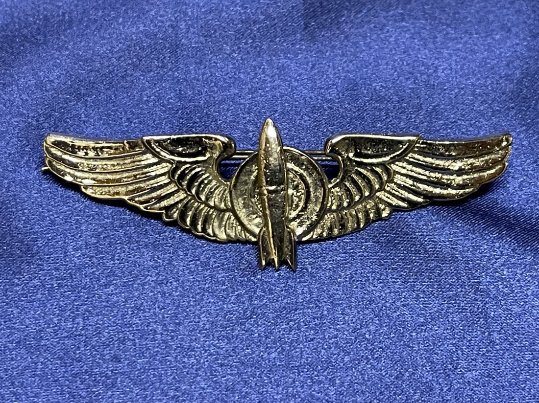 WWII Chinese-Made AAF Bombardier's Wings: Hand-made cast wings likely made in the CBI theater. 3in. with cotter-style pin.