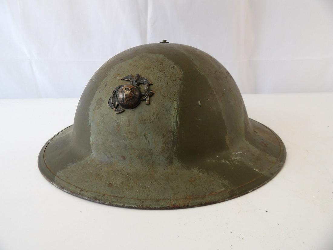 WW1 USMC Issued British Brodie Helmet: Camo Painted. Early EGA with 1907 dated Thrid Reich Coin used as washer. British Brodie Issued to US Marine