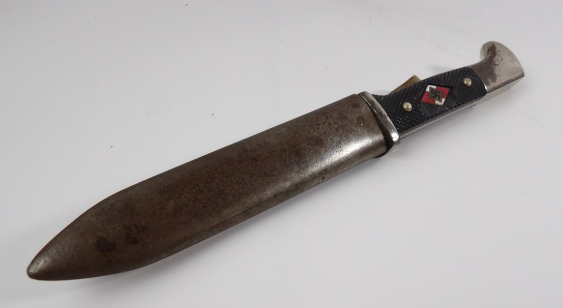 Early WW2 WWII German CAM Hitler Youth Knife: Contains Moto. Knife was converted to boot knife with Scabbard