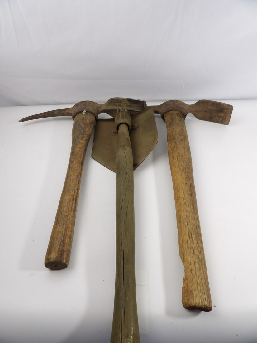 WW2 WWII Trench Shovel and Pickaxe Lot: Well used condition on longer Pickaxe